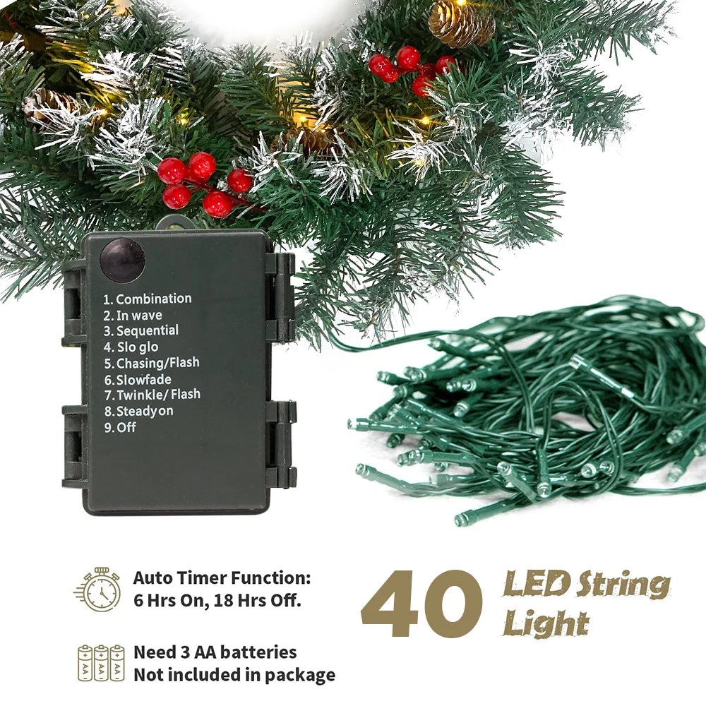 2 Pcs 6ft Pre-Lit Christmas Garland with 40 Waterproof LED Light and Pine Cones and Berries, Battery Operated W41125