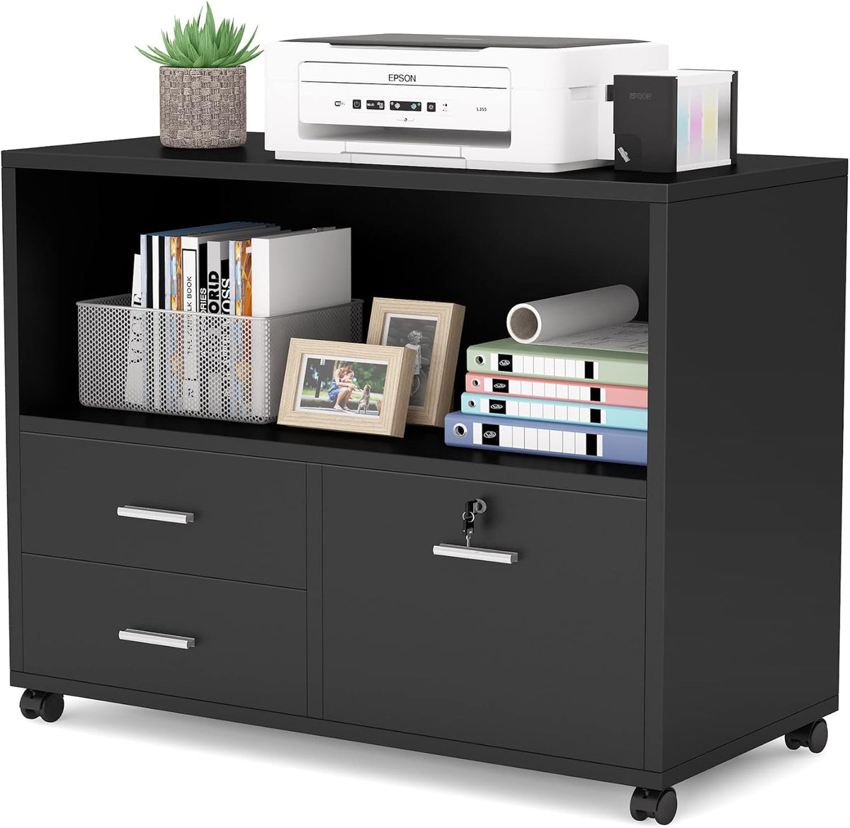 Black 3 Drawer Mobile Lateral Filing Cabinet with Lock and Rolling Wheels U33865