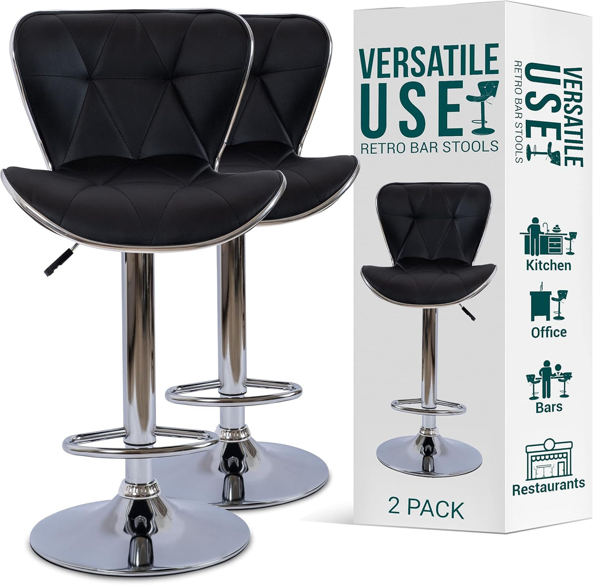 Adjustable Black Bar Stool Set of 2 with Polished Chrome Swivel Base F591