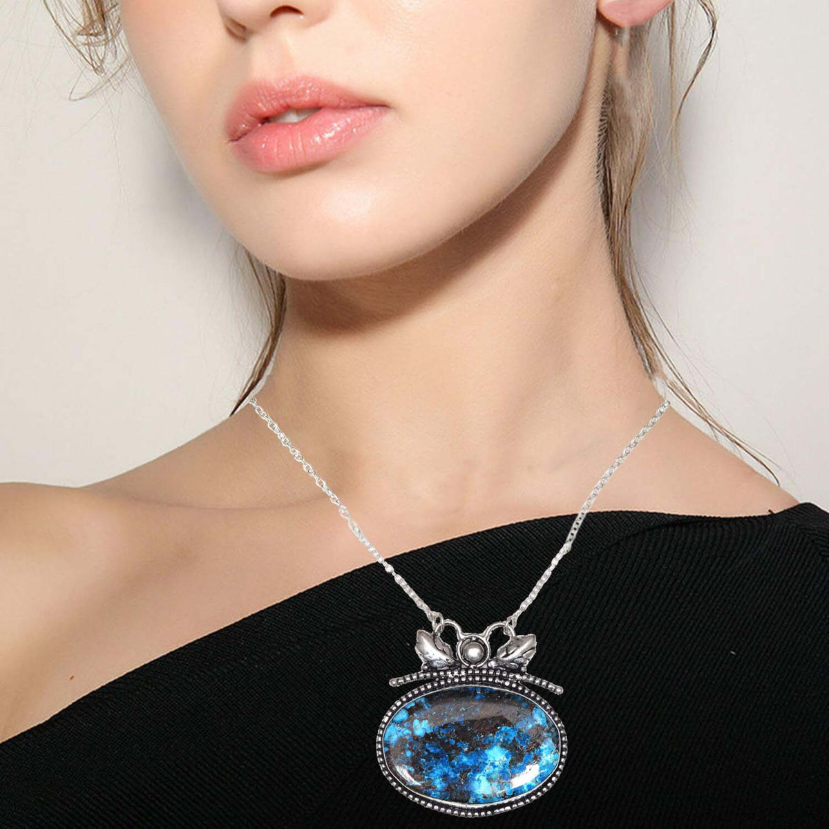 Azurite Silver Sterling Gemstone Beads 20" Chrysocolla Round Necklace Q88558