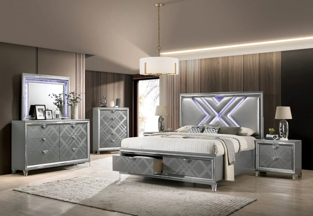 Silver Queen Size Bed with Dresser Mirror Nightstand 4pc Set B571822