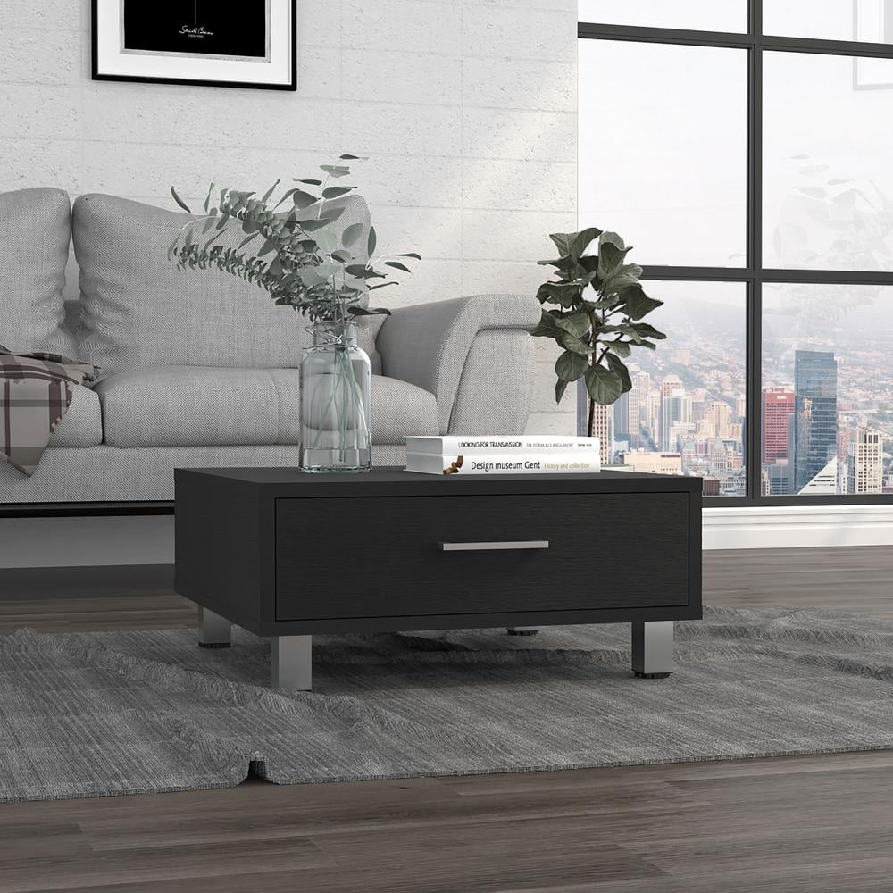 Black Coffee Table with Drawer and Metal Handles W6835