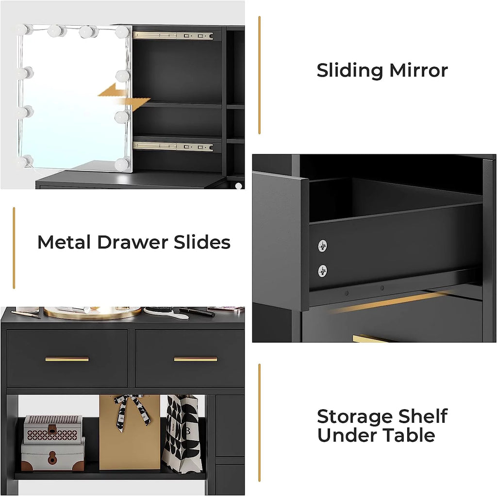 Black Vanity Table with Sliding Mirror and LED Lights D320