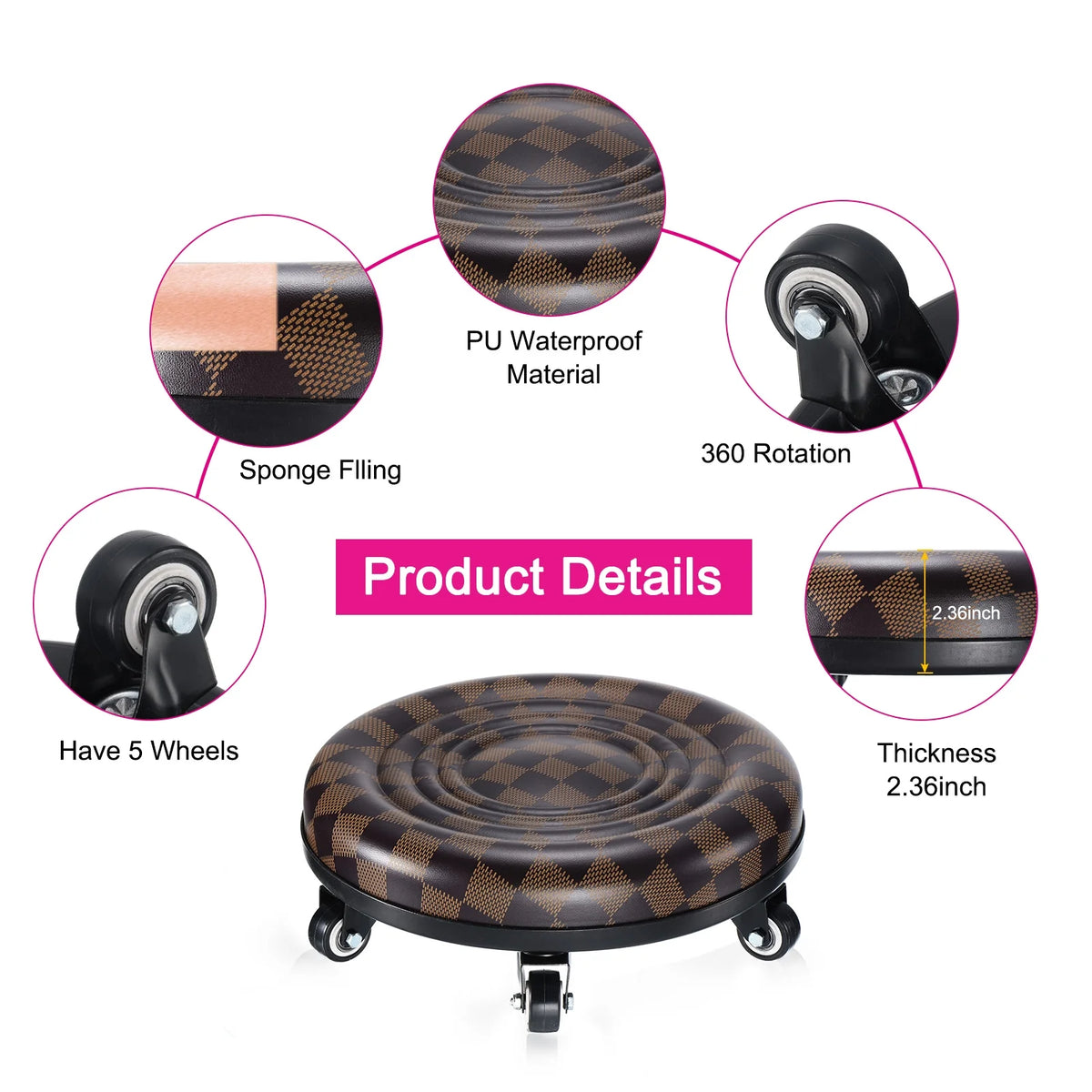 Brown PU Leather Rolling Stool W893239