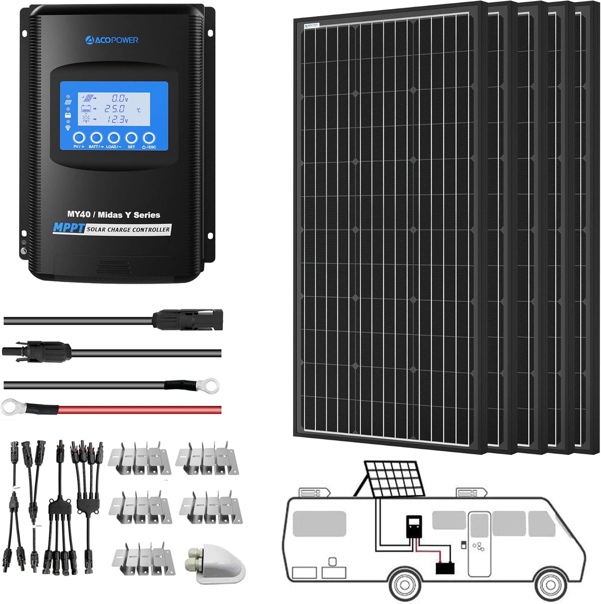 500 Watt Monocrystalline Solar Panel Kit with 40A MPPT LCD Charge Controller W61428