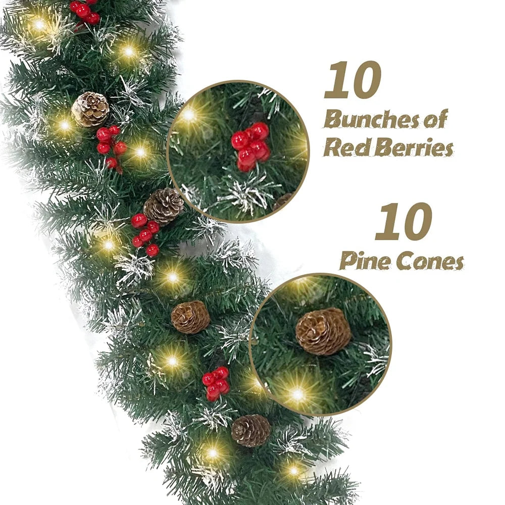 2 Pcs 6ft Pre-Lit Christmas Garland with 40 Waterproof LED Light and Pine Cones and Berries, Battery Operated W41125