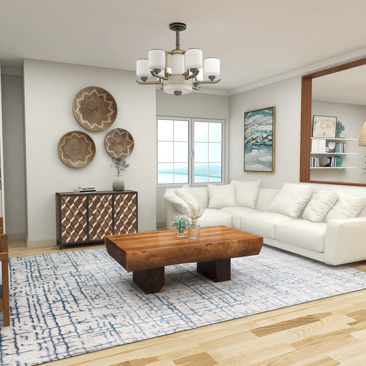Brown Wood Live Edge Coffee Table with Block Style Base K772