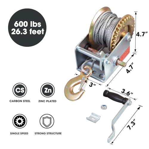 600lbs Capacity Manual Hand Crank Winch with 26.3FT Steel Cable L658