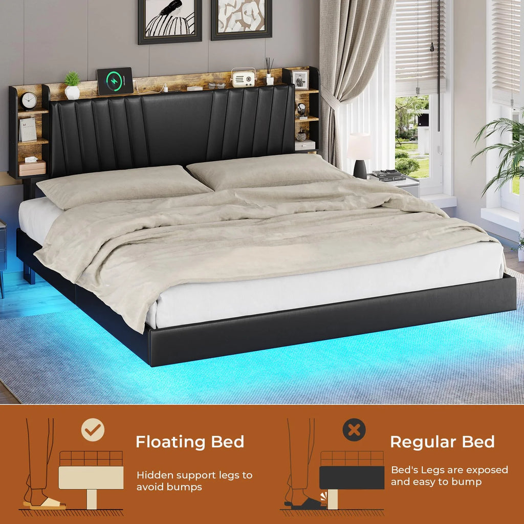 Full Floating Bed Frame with Charging Station, Black X5525