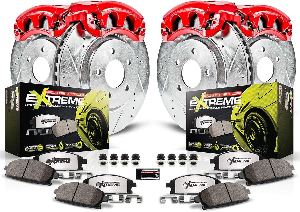 Front and Rear Carbon Fiber Brake Pads with Drilled & Slotted Brake Rotors Kit F62225
