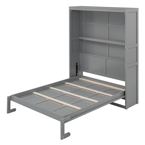 Queen Size Murphy Bed with Storage Shelves Gray D5483