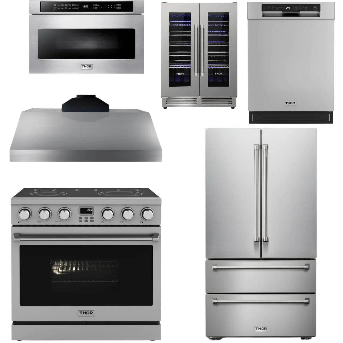 36 Electric Range, Range Hood, Refrigerator, Dishwasher, Microwave and Wine Cooler Y59610