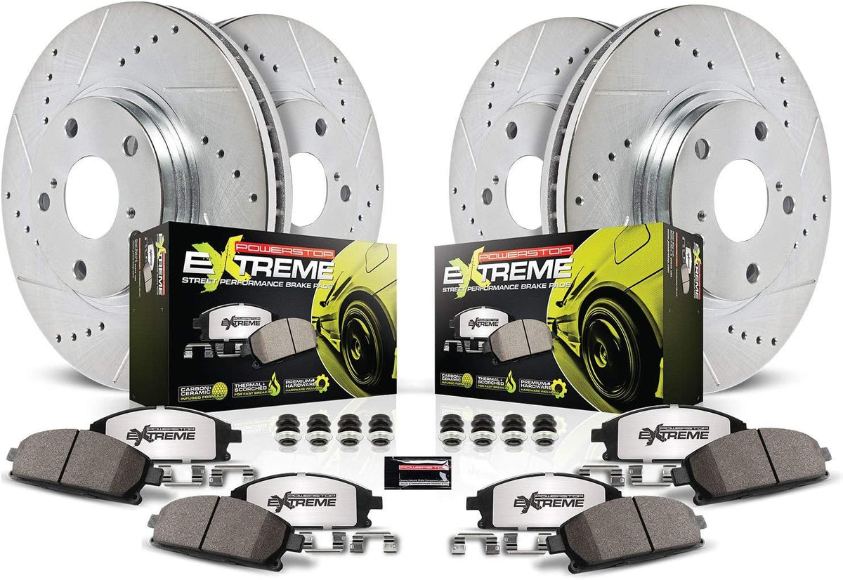 Front and Rear Carbon Fiber Brake Pads with Drilled & Slotted Brake Rotors Kit F62225