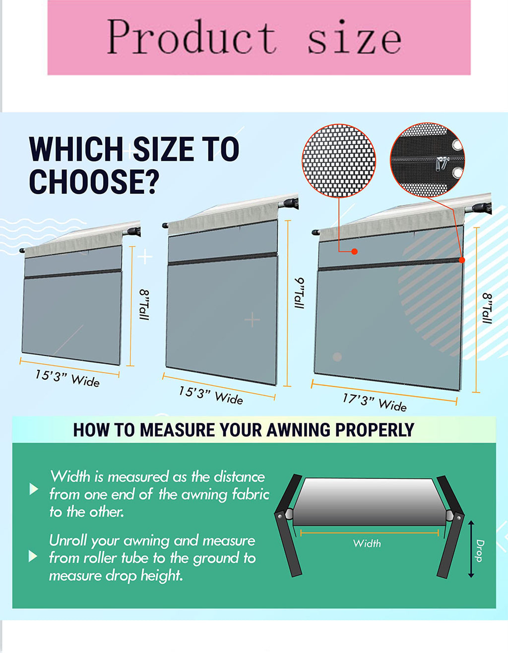 RV Awning Shade Screen 8x17.3’ with Zipper Q318489