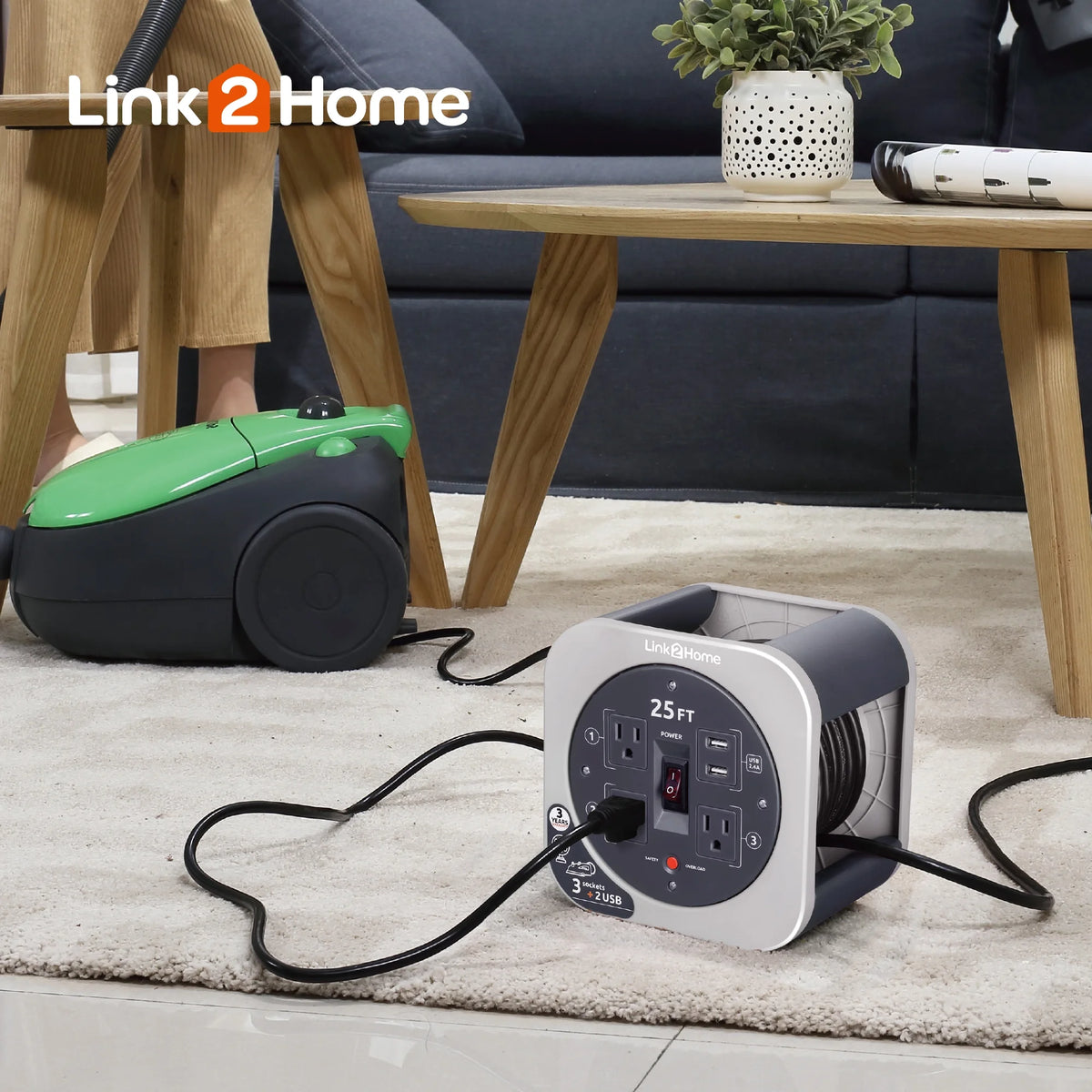 Cord Reel 25 ft Extension Cord with 3 Power Outlets and 2 USB Ports B241125