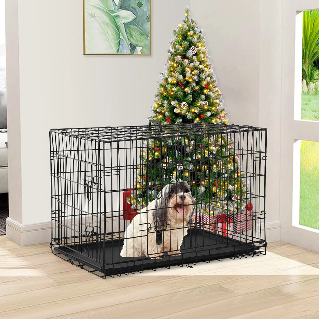 Black Folding Metal Wire Dog Crate with Double-Door J5313