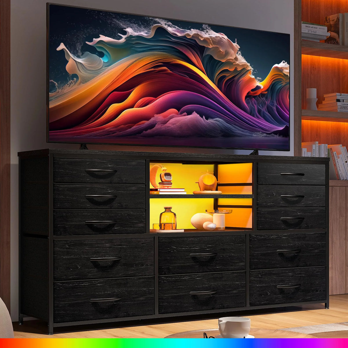 Black TV Stand with 12 Fabric Drawers K4027