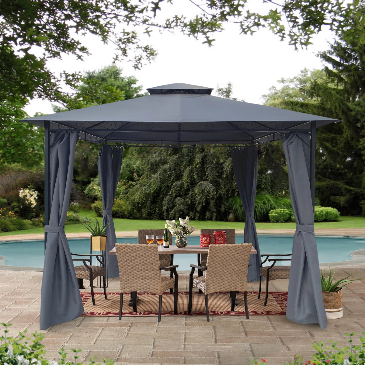 Gray Gazebo Canopy With Curtains Z407964