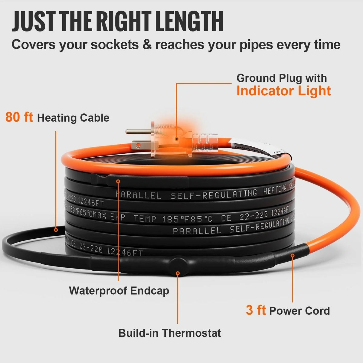 Self-Regulating Pipe Heating Cable, 80-feet 5W/ft Heat Tape, 120V F700