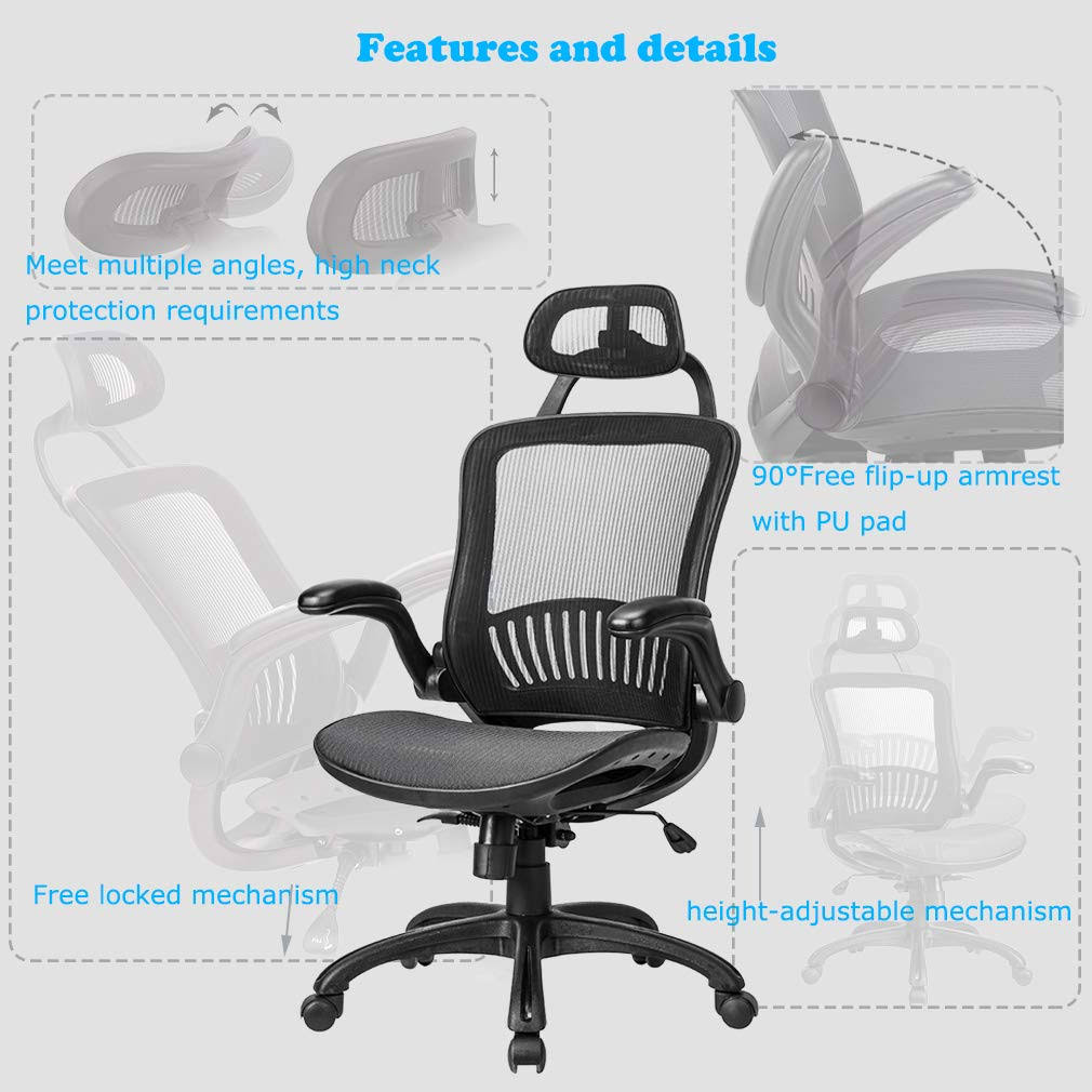Mesh Executive Chair High Back with Adjustable Headrest and Padded Flip-Up Arms X111