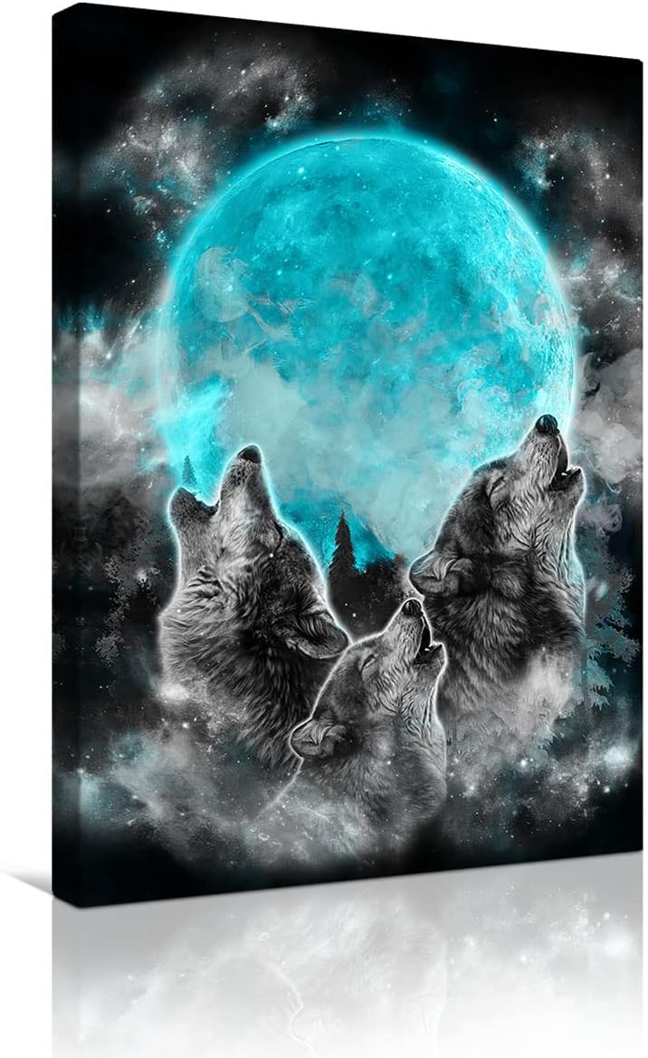 Blue Moon Wolf Framed Canvas Wall Art 16x12Inch D966